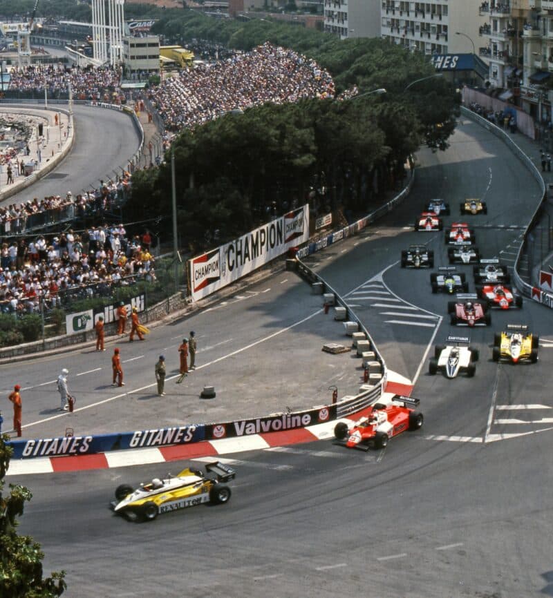 Rene Arnoux leads at the start of the 1982 Monaco Grand Prix