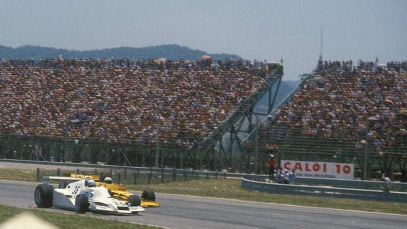Riccardo Patrese battles with Jochen Mass during the 1978 F1 Brazilian Grand Prix in Rio
