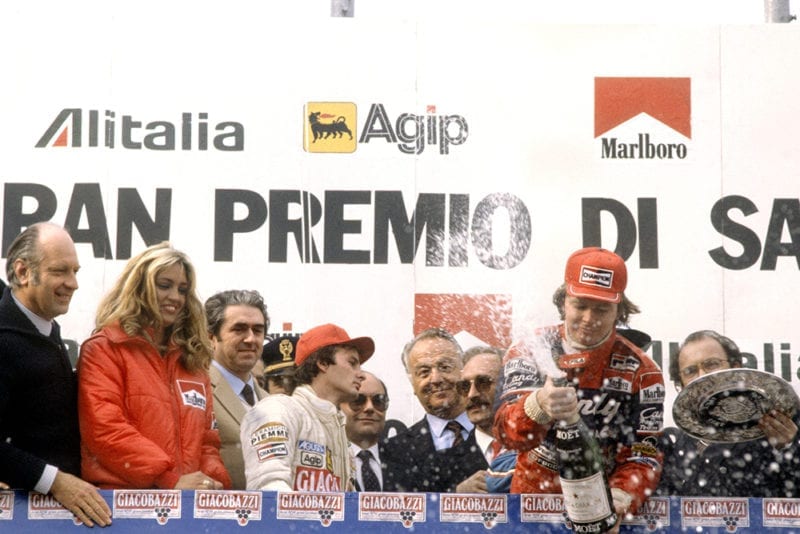 Race winner Didier Pironi and 2nd placed Gilles Villeneuve on the podium.