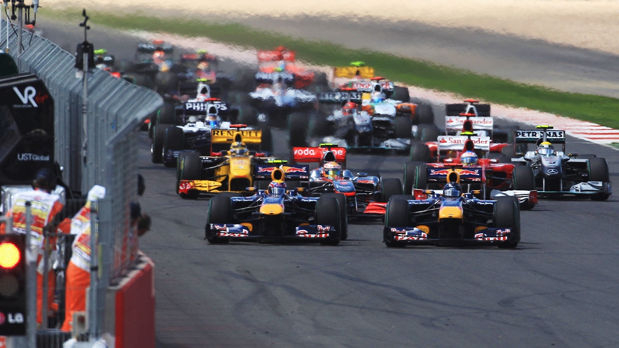 Sebastian Vettel and Mark Webber side by side at the 2010 British Grand Prix