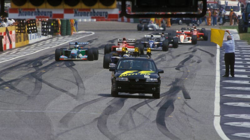 Ayrton Senna leads behind the safety car Imola 1994 San Marino Grand Prix