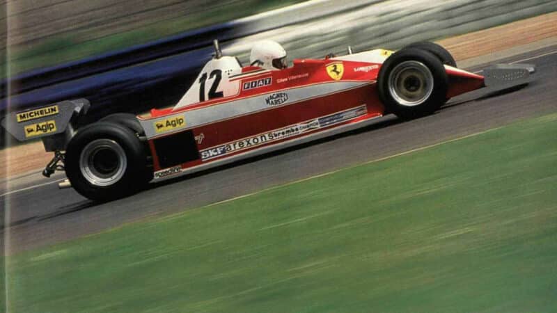Side view of Mark Hales in Ferrari 312 T3 F1 car