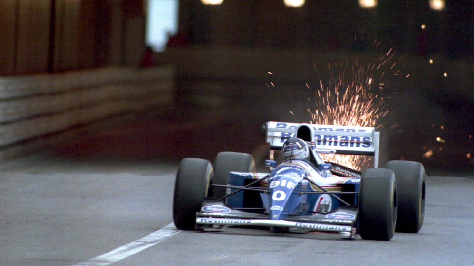 Sparks fly from Williams of Damon Hill at Monaco 1994