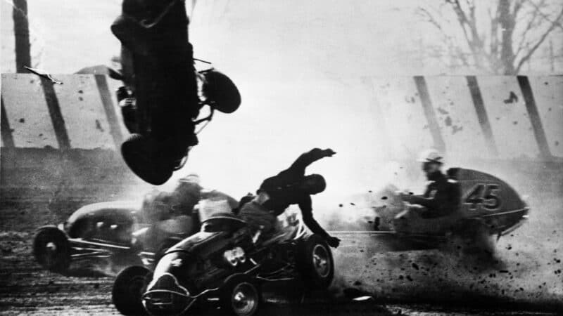 Sprint car racing accident crash 1950 Cemar Midget Bowl, Cedar Rapids, Iowa, USA