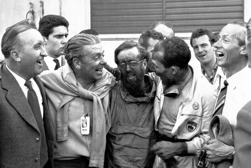 Stirling Moss and Denis Jenkinson celebrate winning the 1955 Mille Miglia Italy