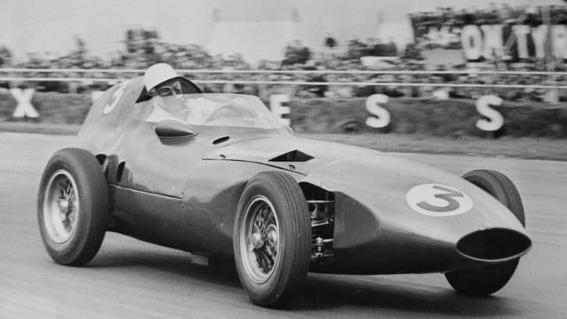 Stirling Moss on his way to victory for Vanwall in the Daily Express International Trophy