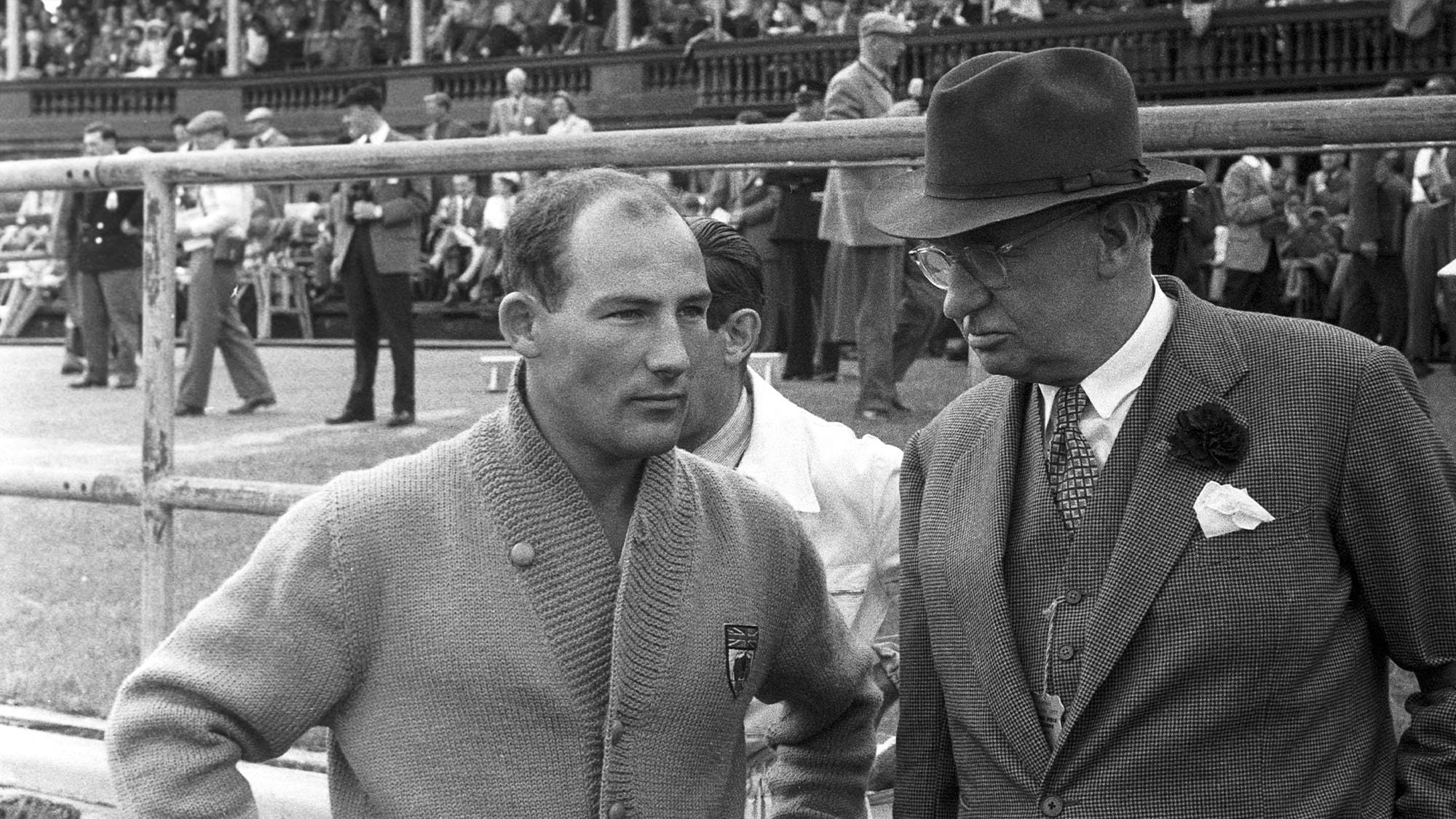 Stirling Moss with Tony Vandervell Vanwall 1957 British GP Silverstone