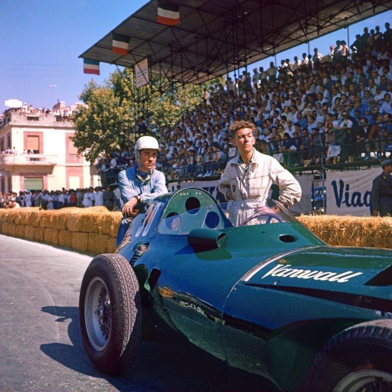 Stuart Lewis-Evans and a Vanwall mechanic on the grid before the 1957 Pescara Grand Prix. Photo: Grand Prix Photo