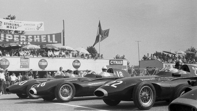 Tony Brooks, Stirling Moss and Stuart Lewis Evans on the front row of the grid at monza ahead of the 1957 Italian Grand Prix