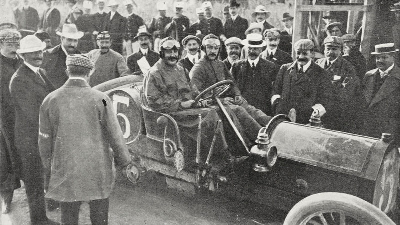 Paul Rablot in a Berliet 24/40 HP, the first Targa Florio car race on the Madonie circuit, May 6, 1906, Italy, photograph by Charles Abeniacar, from L'Illustrazione Italiana, Year XXXIII, No 20, May 20, 1906.