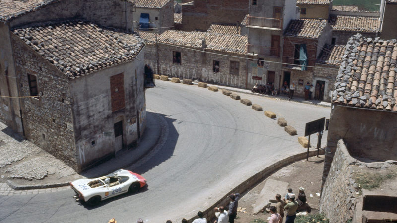 The Targa Florio; Sicily, May 4, 1969. The winning Porsche 908/2 which was driven by Gerhard Mitter and Udo Schuetz works its way through a Sicilian village. (Photo by Klemantaski Collection/Getty Images)