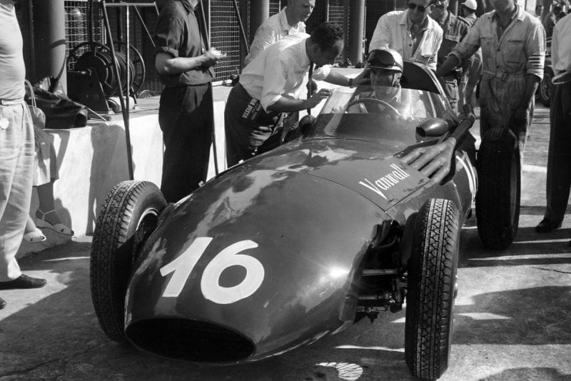 Piero Taruffi in the pits in his Vanwall, 1956 Italian Grand Prix, Monza.
