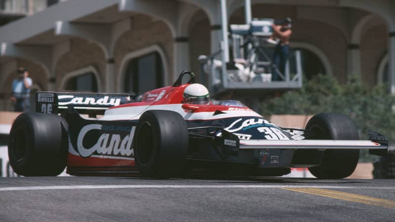 Teo Fabi drives the #36 Candy Toleman Motorsport Toleman TG181C Hart Turbo during practice for the United States Grand Prix West on 3 April 1982 at the Long Beach street circuit in Long Beach, California, United States. (Photo by Getty Images)