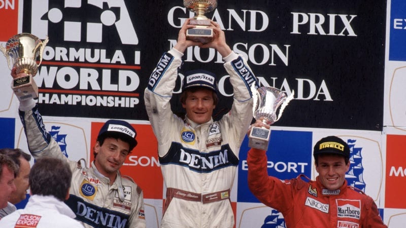 Thierry Boutsen on the podium alongside Ricardo Patrese and Andrea de Cesaris after winning the 1989 Canadian Grand Prix at Montreal
