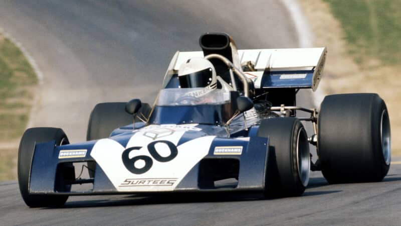 Tim Schenken drives the #60 Team Surtees Cosworth TS9 during the Daily Mail Race of Champions on 19 March 1972 at the Brands Hatch circuit in Fawkham, Great Britain