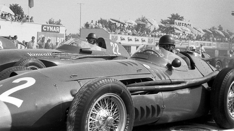 Tony Brooks, Juan Manuel Fangio, Vanwall VW 5, Maserati 250F, Grand Prix of Italy, Monza, 08 September 1957