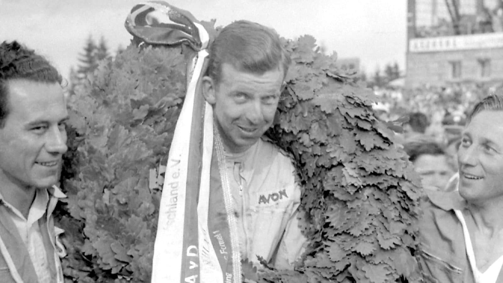 Tony Brooks celebrates winning the 1958 German Grand Prix