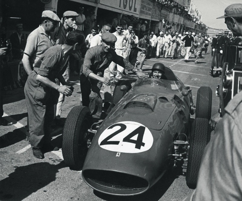 Tony Brooks in Ferrari cockpit at the 1959 French Grand Prix