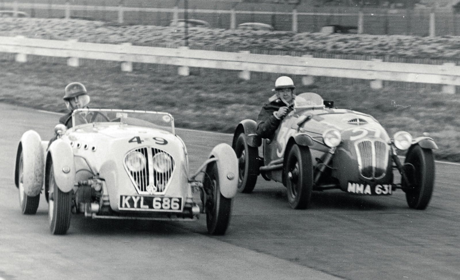 Tony Brooks in Healey Silverstone alongside Arthur Hely in debut race at Goodwood 1952