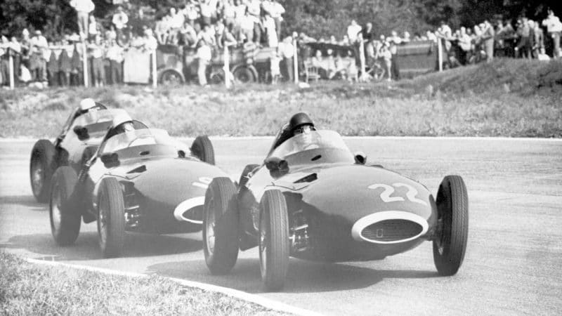 Tony Brooks leads Vanwall teammates Stirling Moss and Stuart Lewis-Evans in the 1957 Italian Grand Prix