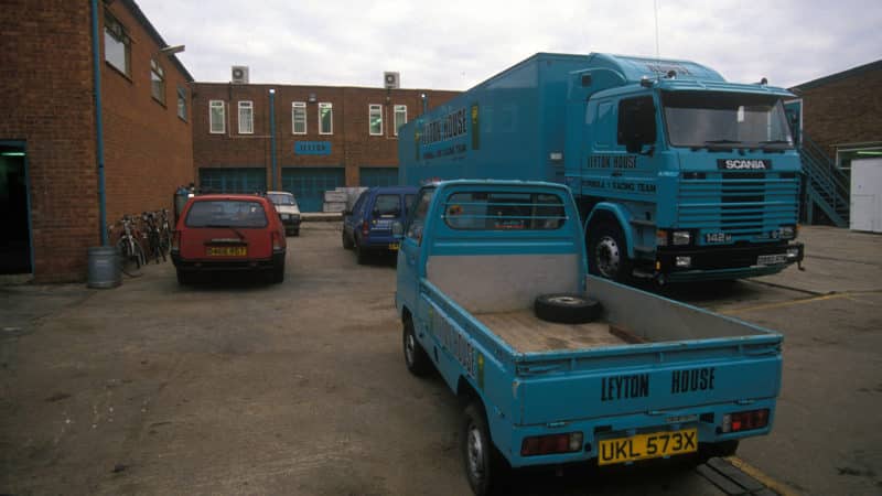 Trucks outside the Leyton House factory in 1988-1989