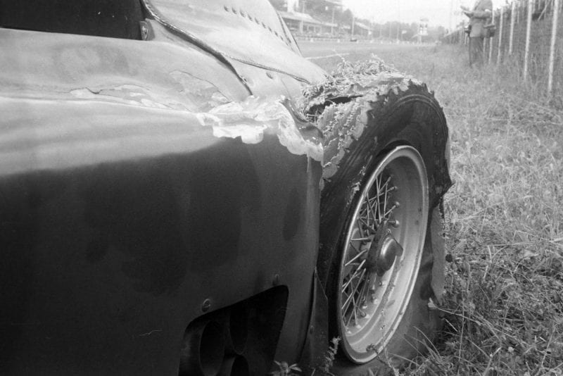 Castellotti's destroyed tyre during the 1956 Italian Grand Prix