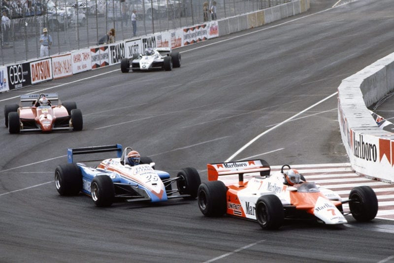 Eddie Cheever (Talbot Ligier JS19 Matra), Mario Andretti (Ferrari 126C2) and Derek Daly (Williams FW08 Ford).