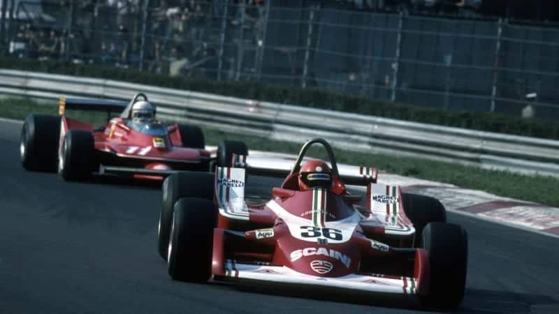 Vittorio Brambilla's Alfa Romeo leads the ferrari of Jody Scheckter during the 1979 Italian Grand Prix at Monza