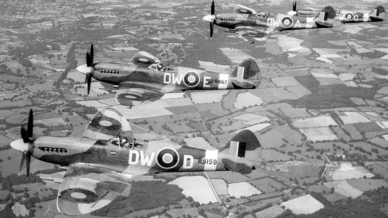 Mark XIV Spitfire fighter planes on patrol in England during the Second World War. September 1944. (Photo by Daily Mirror/Mirrorpix/Mirrorpix via Getty Images)