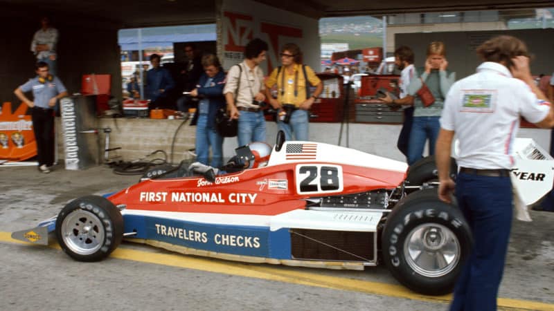 John Watson (Penske-Ford) exits the pits during practice for the 1976 Austrian Grand Prix at the Osterreichring. Photo: Grand Prix Photo