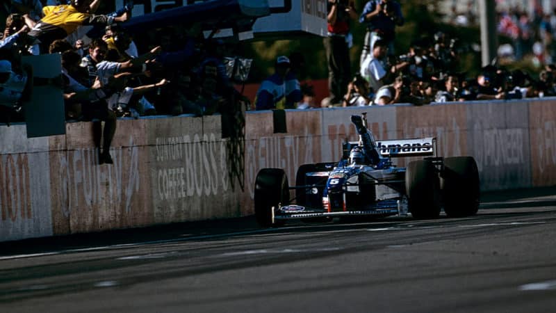 Williams F1 driver Damon Hill winning the 1996 Japanese GP at Suzuka