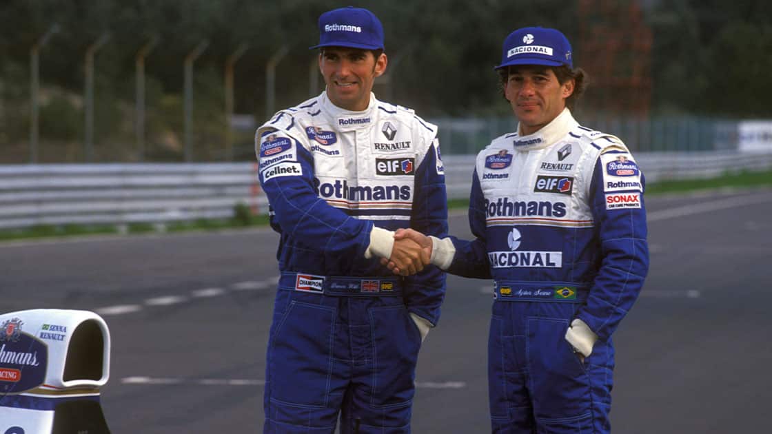 Williams drivers Damon Hill and AYrton Senna at the lanuch of the 1994 F1 car