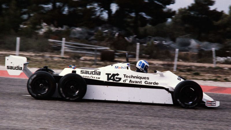 Finnish Formula One driver Keke Rosberg drives his williams saudia 6 wheels during trial sessions at the Castellet circuit (South of France) on November 6, 1981. - First test of the Formula 1 Williams six-wheel presented on November 5, 1981 and driven by the Finnish Keijo Erik
