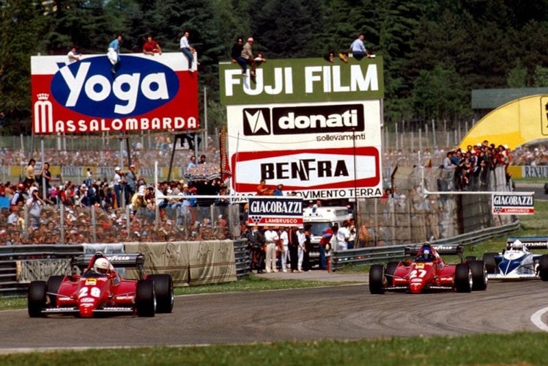 Rene Arnoux leads Ferrari team mate and race winner Patrick Tambay.