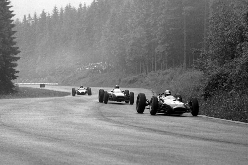 Jack Brabham in a Brabham BT3, he retired with a fuel injection pump failure.