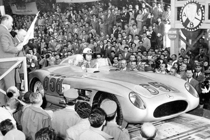 Juan Manuel Fangio starts the 1955 Mille Miglia Italy