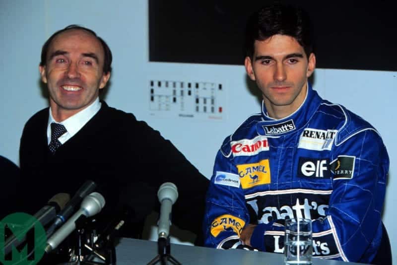 Frank Williams and Damon Hill at a press conference announcing the driver's arrival to Williams-Renault