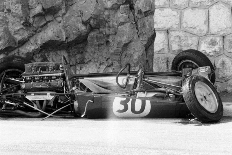 Innes Ireland's crashed Lotus. The accident in practice left him with two broken legs and he didnt start the race.