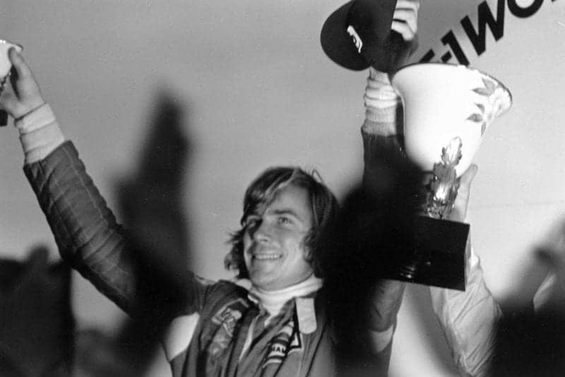 James Hunt celebrates winning the 1976 Formula One World Championship for McLaren