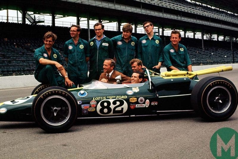 Jim Clark and team with his Lotus-Ford at 1965 Indianapolis 500