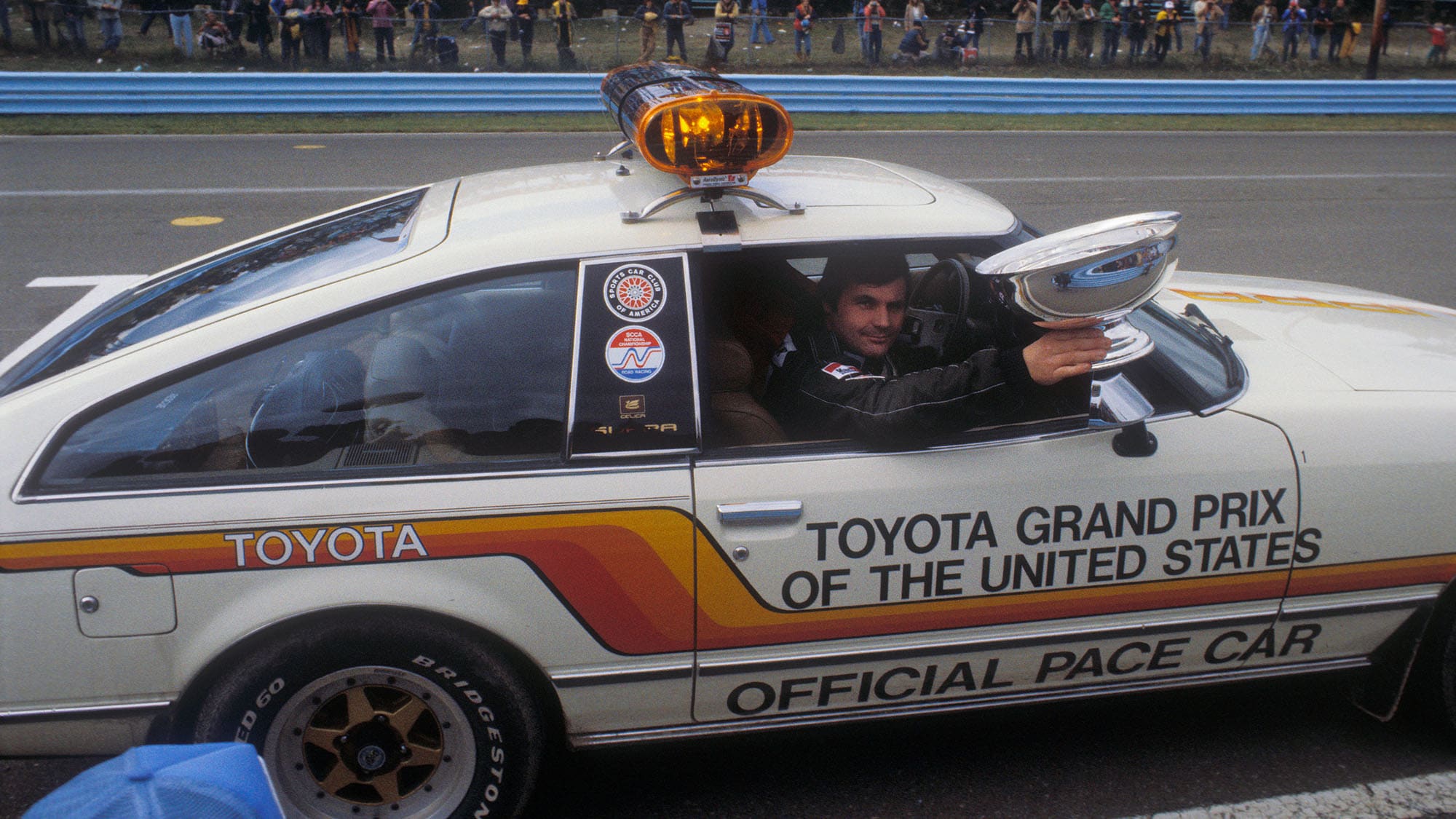 Williams-Ford driver Alan Jones after winning the 1980 United States Grand Prix East at Watkins Glen. Photo: Grand Prix Photo