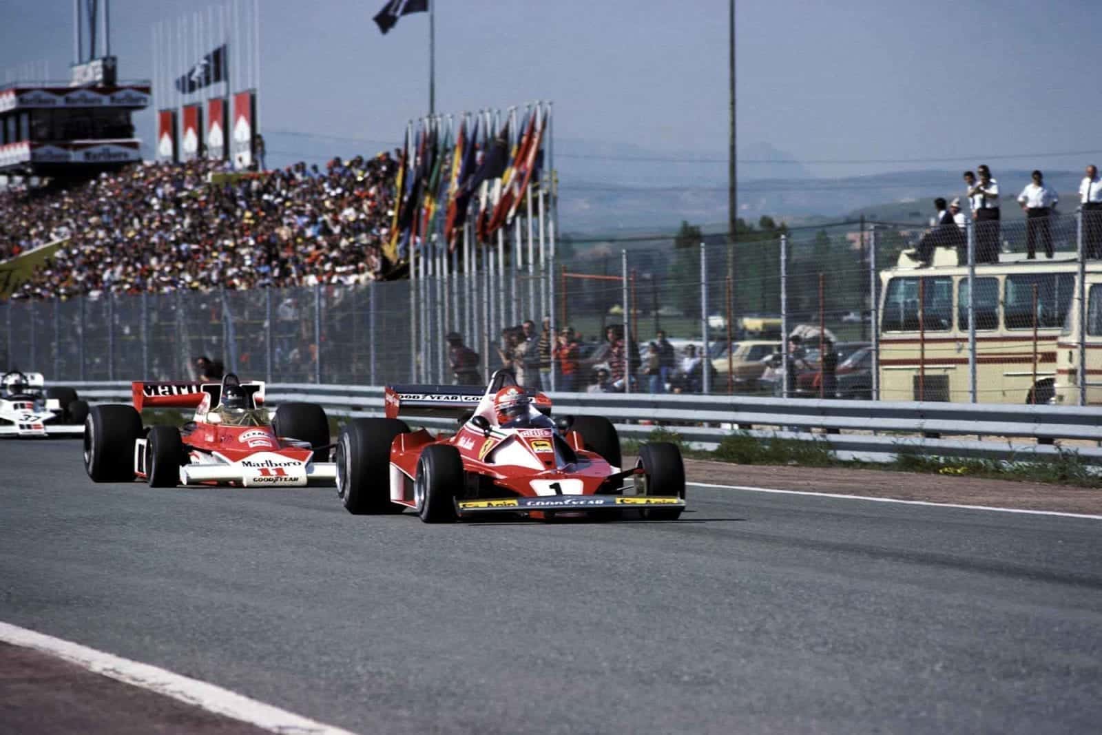 James Hunt (McLaren) chases Niki Lauda (Ferrari) at the 1976 Spanish Grand Prix