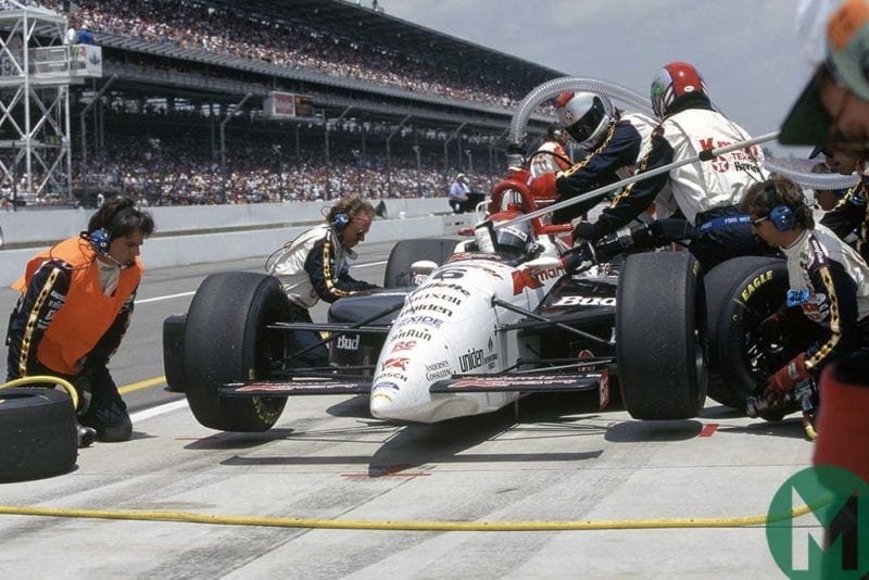 Mario Andretti pits his Newman-Haas during the 1994 Indianapolis 500