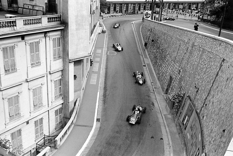 Maurice Trintignant (Cooper T51-Maserati) leads Phil Hill (Ferrari 156), Jo Bonnier (Porsche 787), Wolfgang von Trips and Richie Ginther (both Ferrari 156) out of the Old Station Hairpin.
