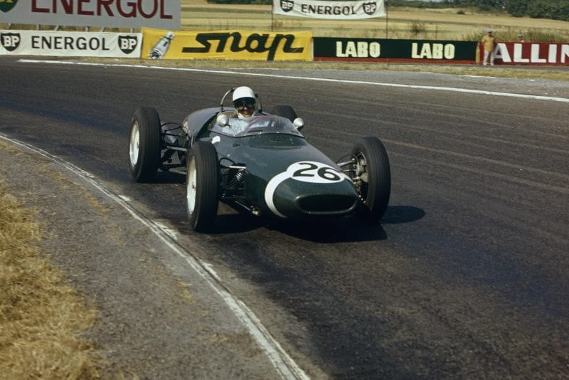 Stirling Moss in his Lotus 18/21 Climax, he later retired from the race.