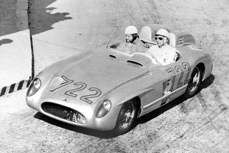 Moss and Jenksinon pushing hard in their Mercedes at 1955 Mille Miglia Italy