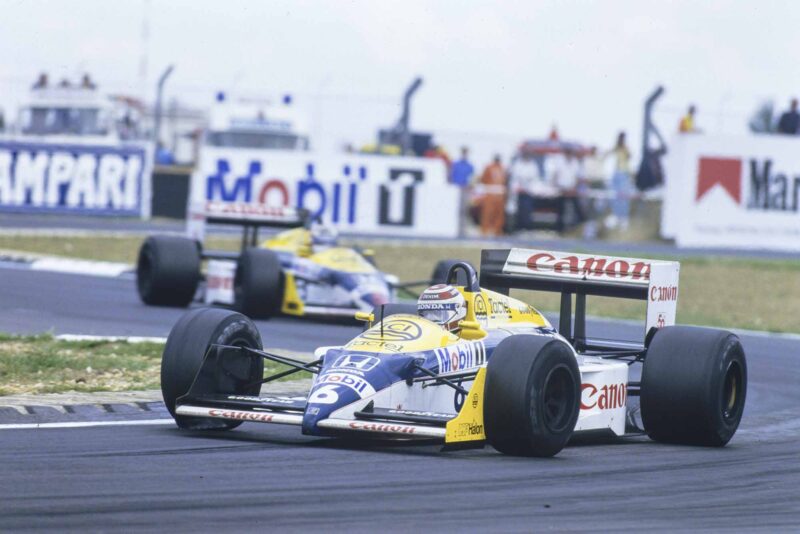 Nelson Piquet leads Nigel Mansell during their 1987 British Grand Prix Silverstone battle