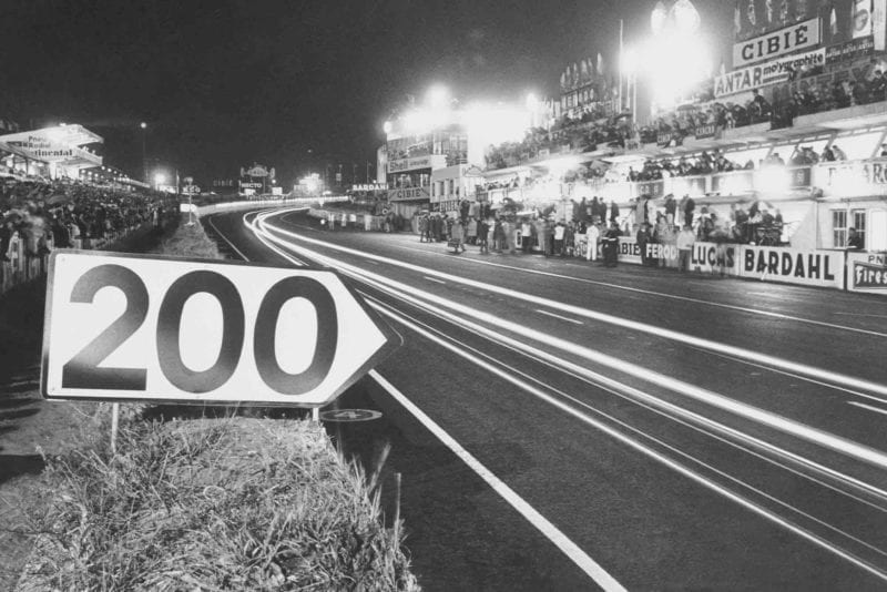The 1966 Le Mans start/finish straight at night