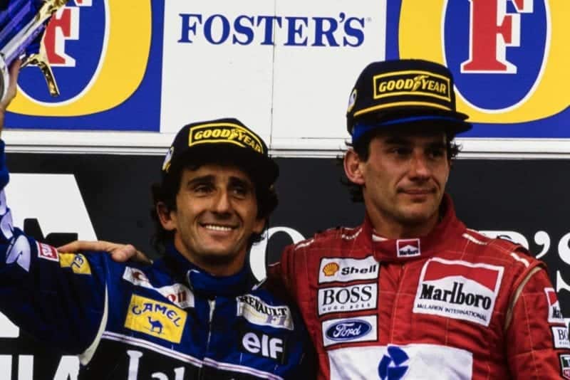 Alain Prost and Ayrton Senna on the podium at the former's final race Adelaide 1993