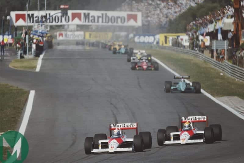 Alain Prost and Ayrton Senna race one another at the 1988 Portuguese Grand Prix